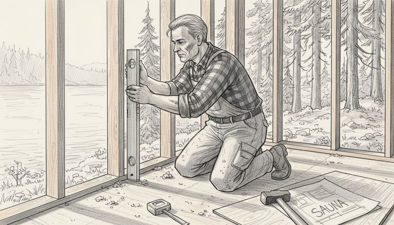 Rakentaja mittaa ja asettelee saunan runkoon puurimoja kohdilleen.