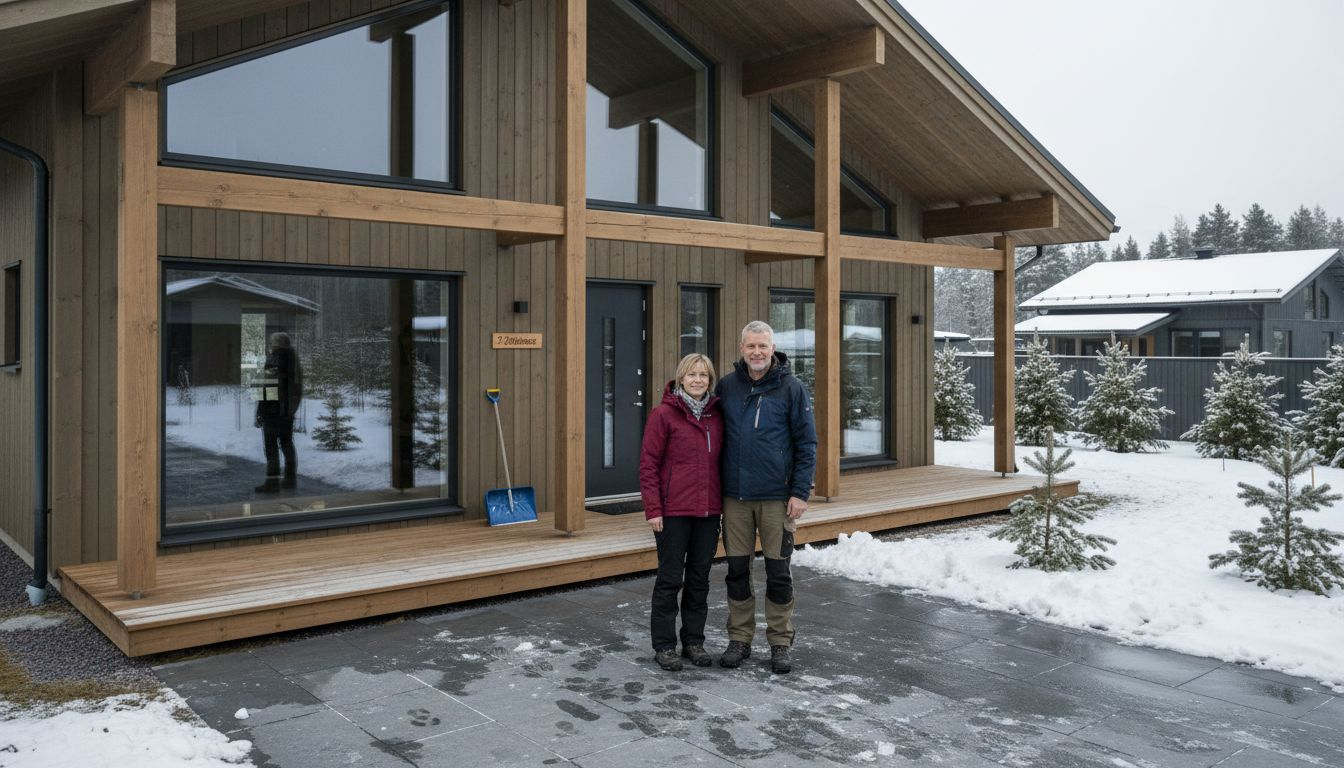 Ein Paar steht vor einem typisch finnischen Holzhaus