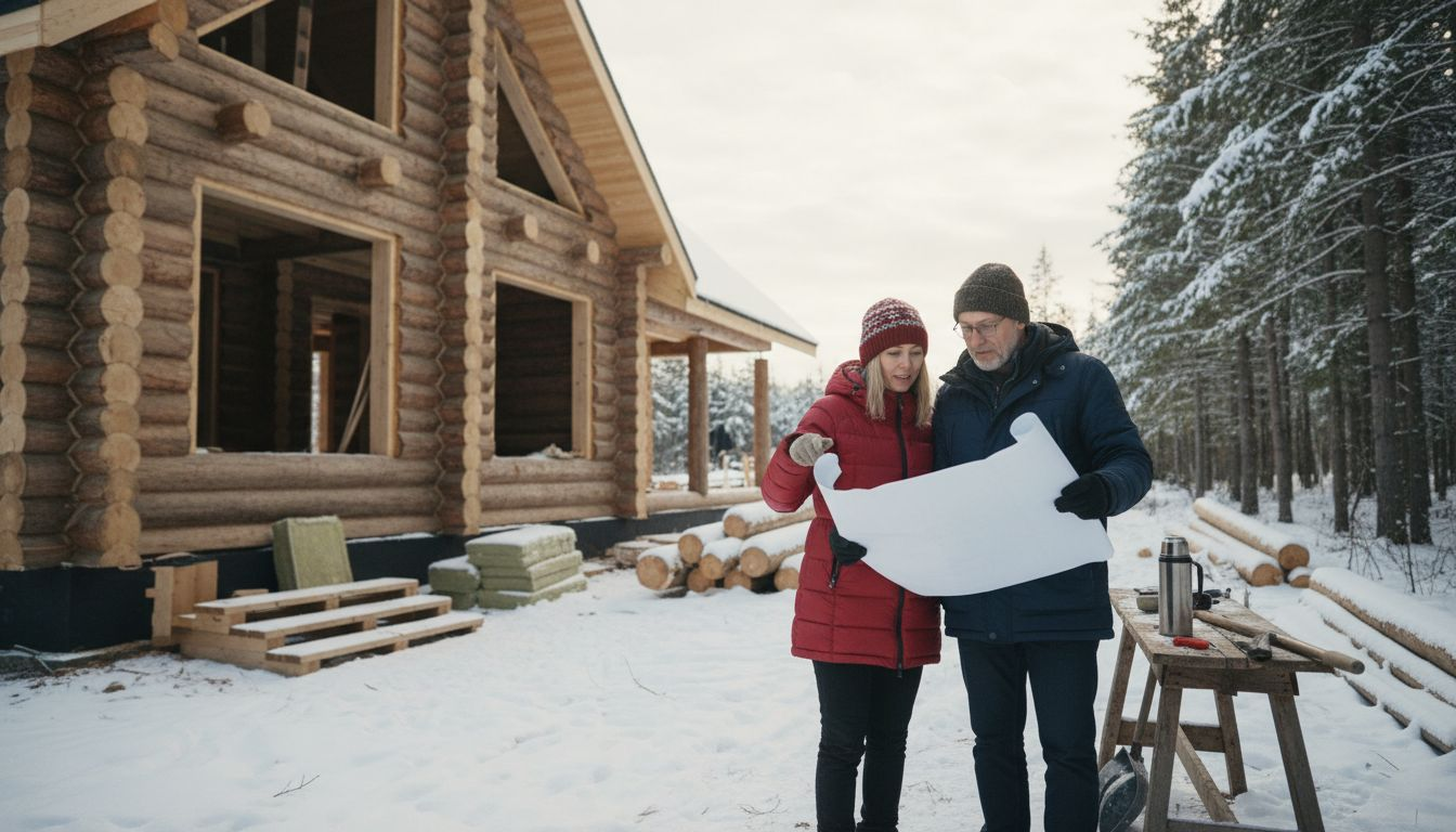 Finnish couple reviews log house construction site