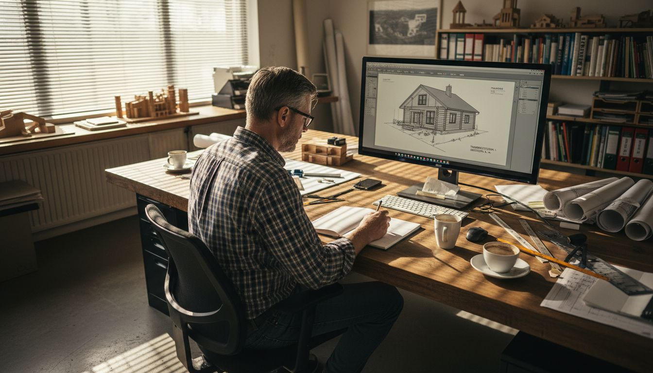 En arkitekt går igenom en CAD-ritning för ett timmerhus.