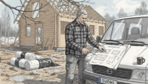 Rakennusmies käy läpi piirustuksia puutalotyömaalla.