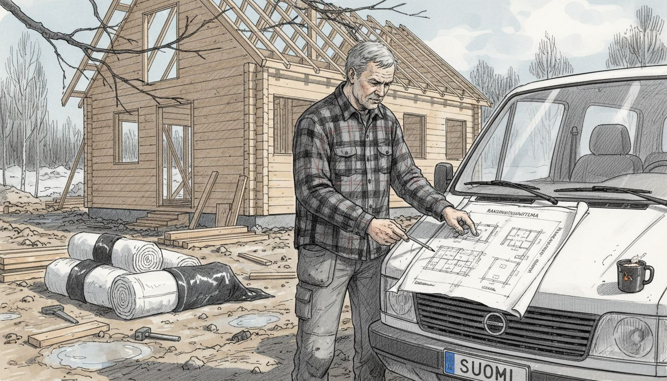 Rakennusmies käy läpi piirustuksia puutalotyömaalla.