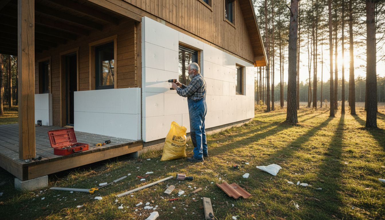 Ein Handwerker bringt außen am Holzhaus eine Wärmedämmung an.