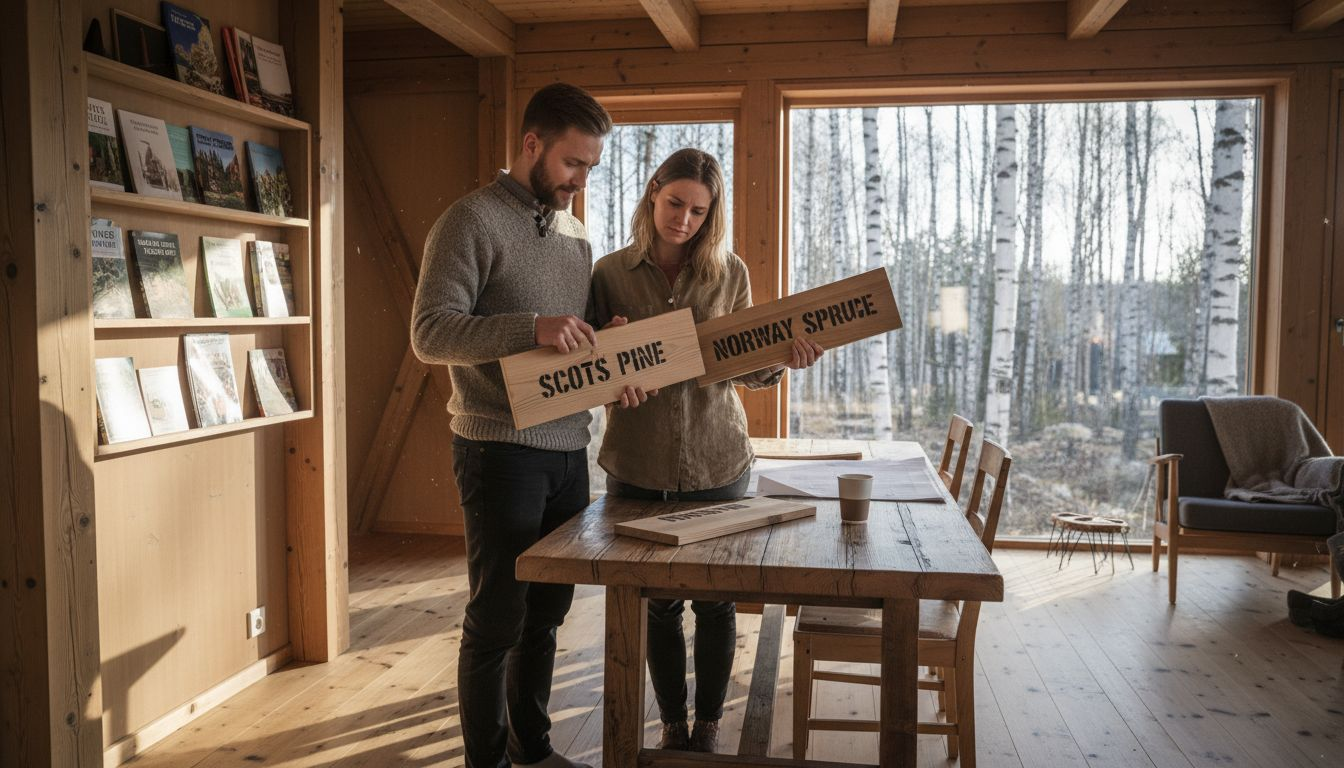 Couple comparing pine and spruce in wood home