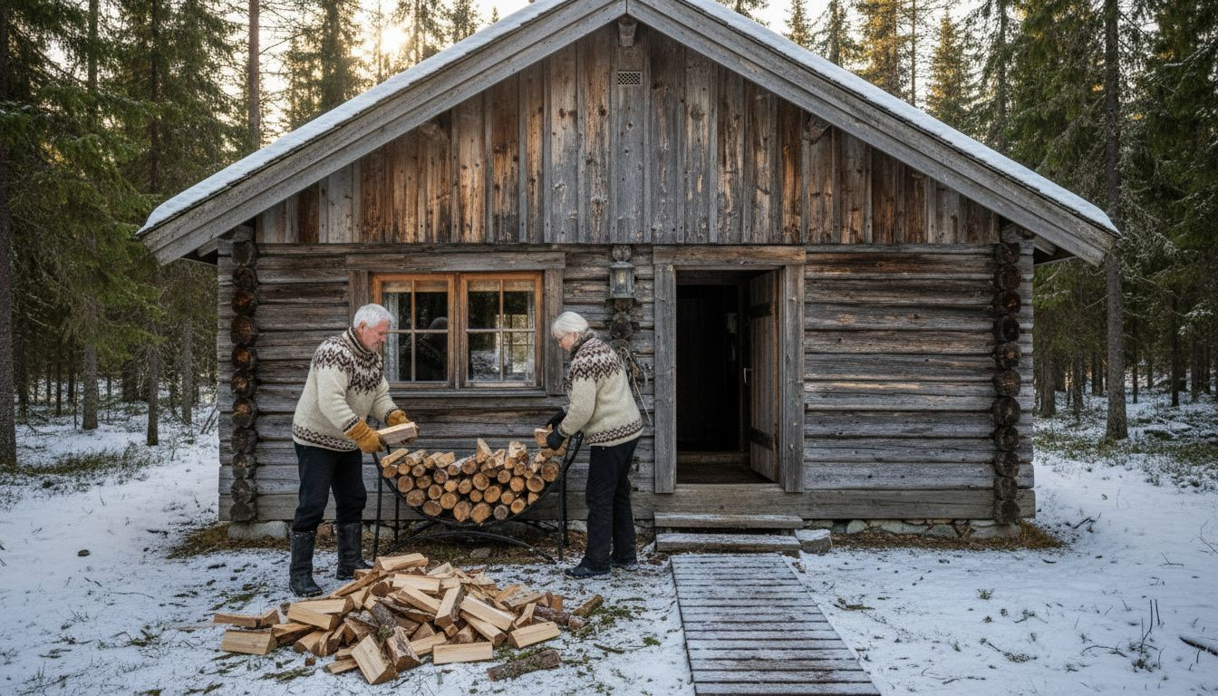 Et finsk par legger opp vedstabler utenfor en klassisk tømmerhytte.