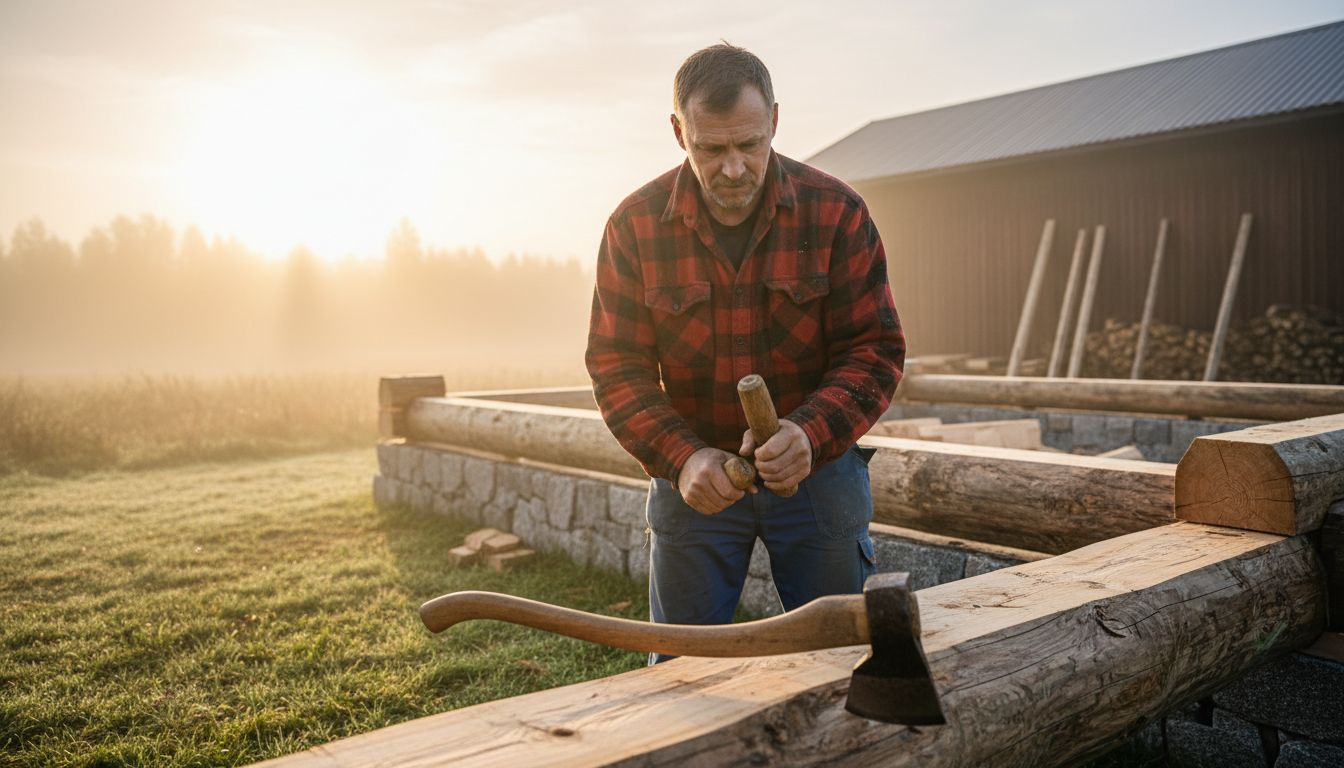 En erfaren timmerman uppför ett traditionellt finskt timmerhus på plats utomhus.