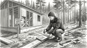 Mies tarkastelee rakennuspuutavaraa suomalaisen talotyömaan pihalla.