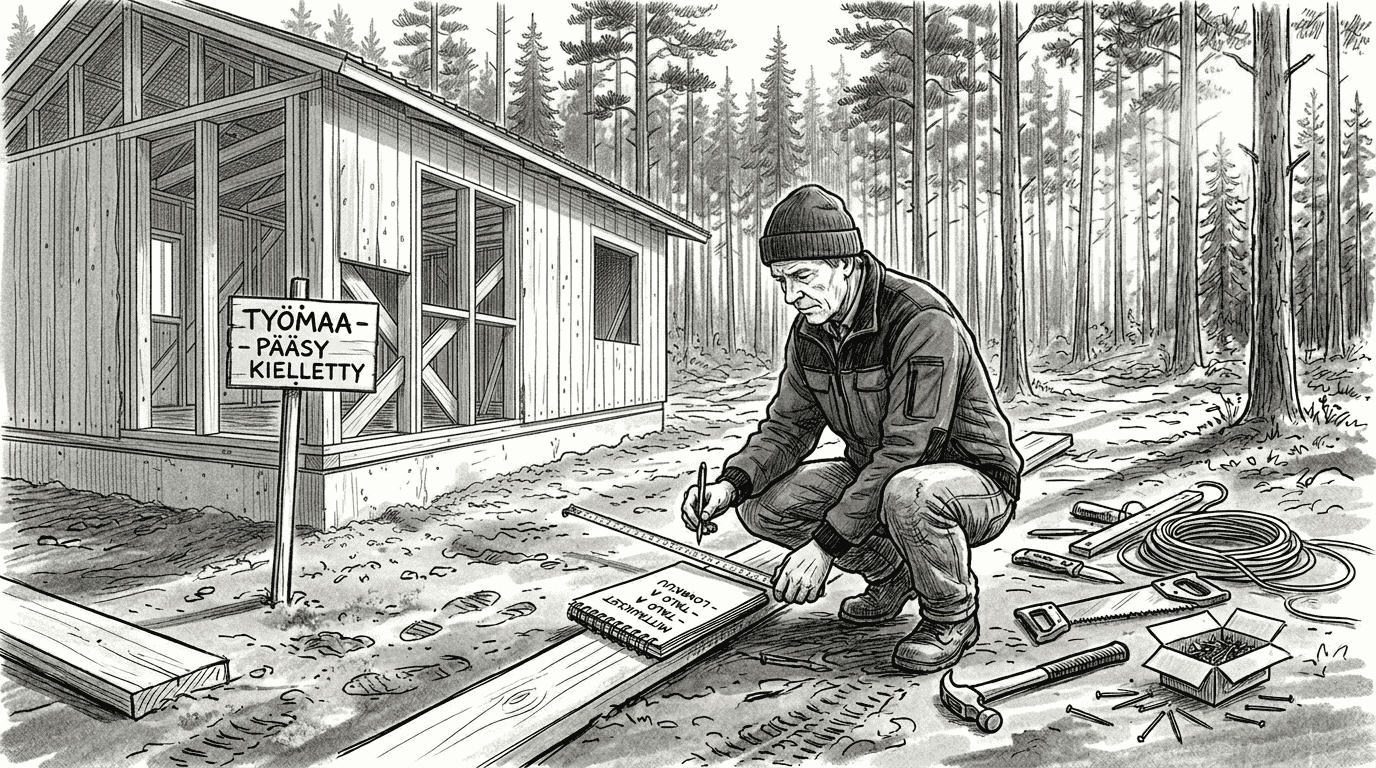 Mies tarkastelee rakennuspuutavaraa suomalaisen talotyömaan pihalla.