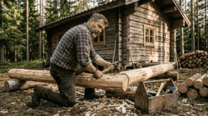 Ein finnischer Handwerker errichtet ein traditionelles Blockhaus aus Holz.
