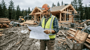 Entreprenøren studerer byggetegningene før arbeidet med hytta settes i gang.