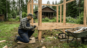Person assembling timber frame of outdoor sauna
