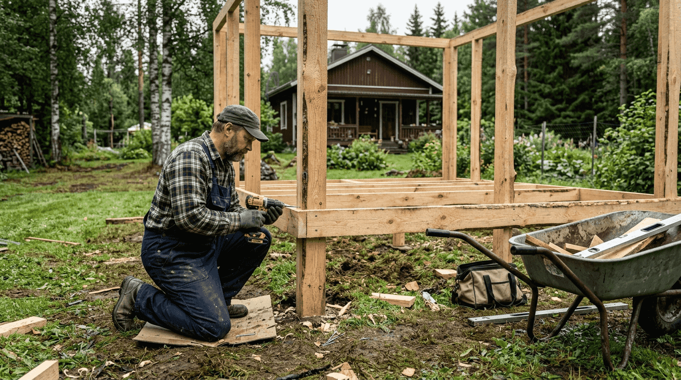 Person assembling timber frame of outdoor sauna