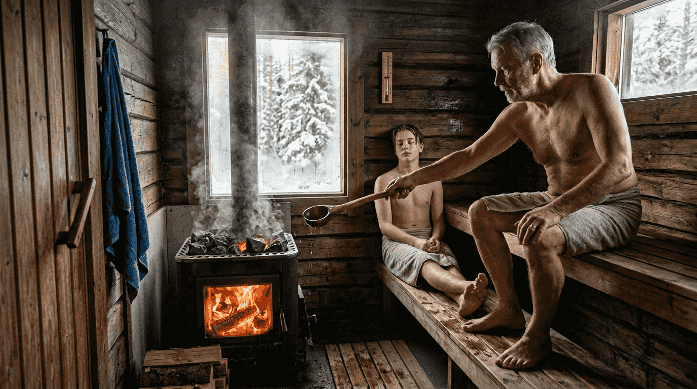 En finsk familj kopplar av tillsammans i den klassiska bastun.