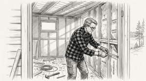 Rakennusmestari tarkistaa saunan eristystyön laadun.