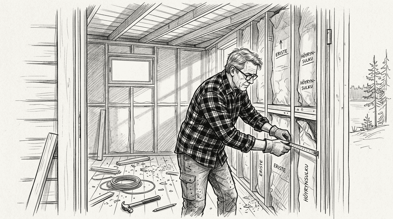 Rakennusmestari tarkistaa saunan eristystyön laadun.