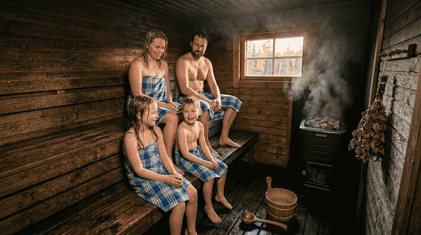 En familj njuter av en stunds avkoppling tillsammans i den klassiska hemmabastun.