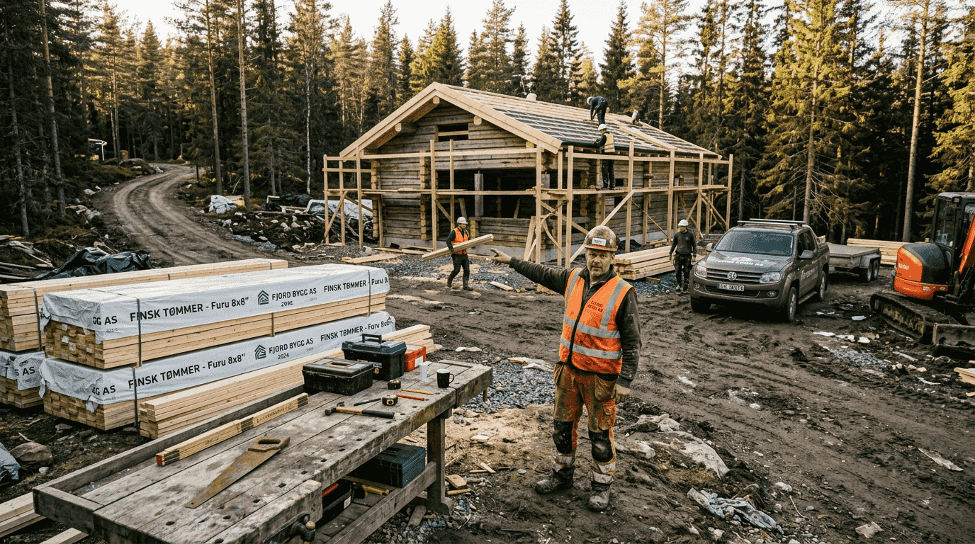 Prosjektleder på byggeplass for finsk tømmerhytte