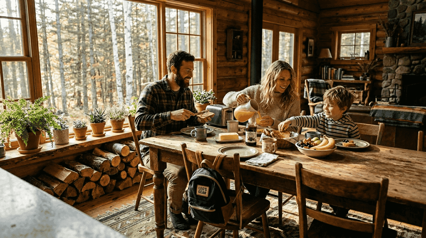 Family eating breakfast in sunny log home
