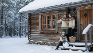 En finsk familie samlet foran en koselig tømmerhytte, omgitt av snø og vinterstemning.