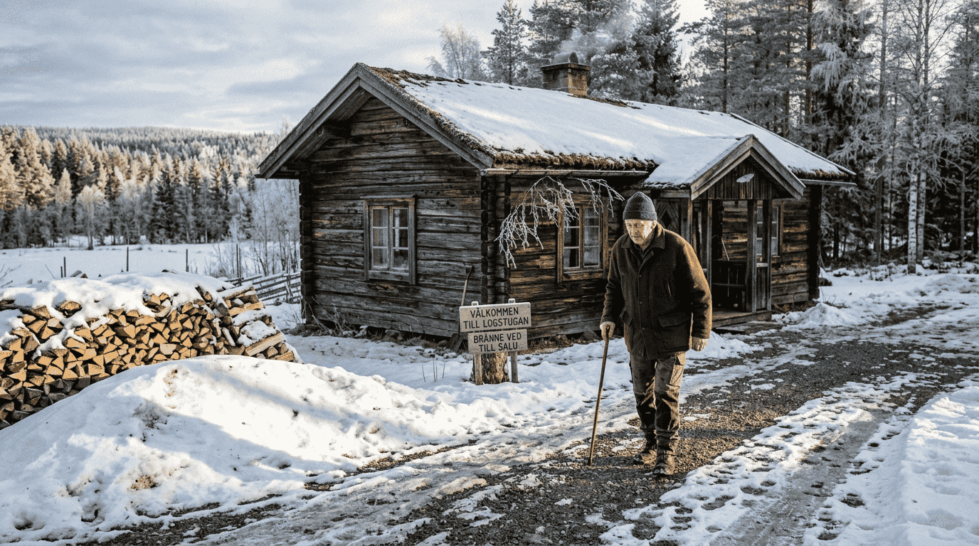 Ett timmerhus i vinterskrud, omgiven av snö och staplad ved utanför.