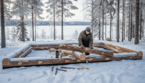 Finnish carpenter building log house in snow