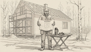 Työmaapäällikkö käy läpi rakennuspiirustuksia puurunkoisella työmaalla.