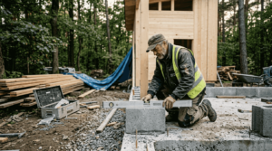 Ein Bauarbeiter kontrolliert das Fundament auf einer Baustelle für ein Holzhaus.