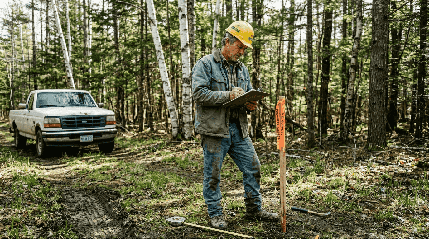Surveyor marking site for log villa build
