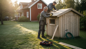 Två personer håller på att sätta upp ett attefallshus ute i trädgården.