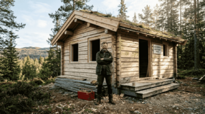 En mann står foran en tømmerhytte som snart er klar, omgitt av norsk natur.