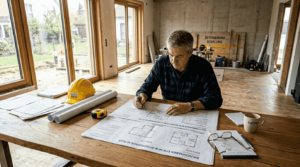 Der Bauherr begutachtet die Pläne für das Effizienzhaus am Schreibtisch.