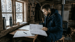 En mann sitter i tømmerhytta og går nøye gjennom byggesøknaden.