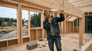 Der Bauherr begutachtet das gelieferte Holz direkt auf der Baustelle, um sich von dessen Qualität zu überzeugen.