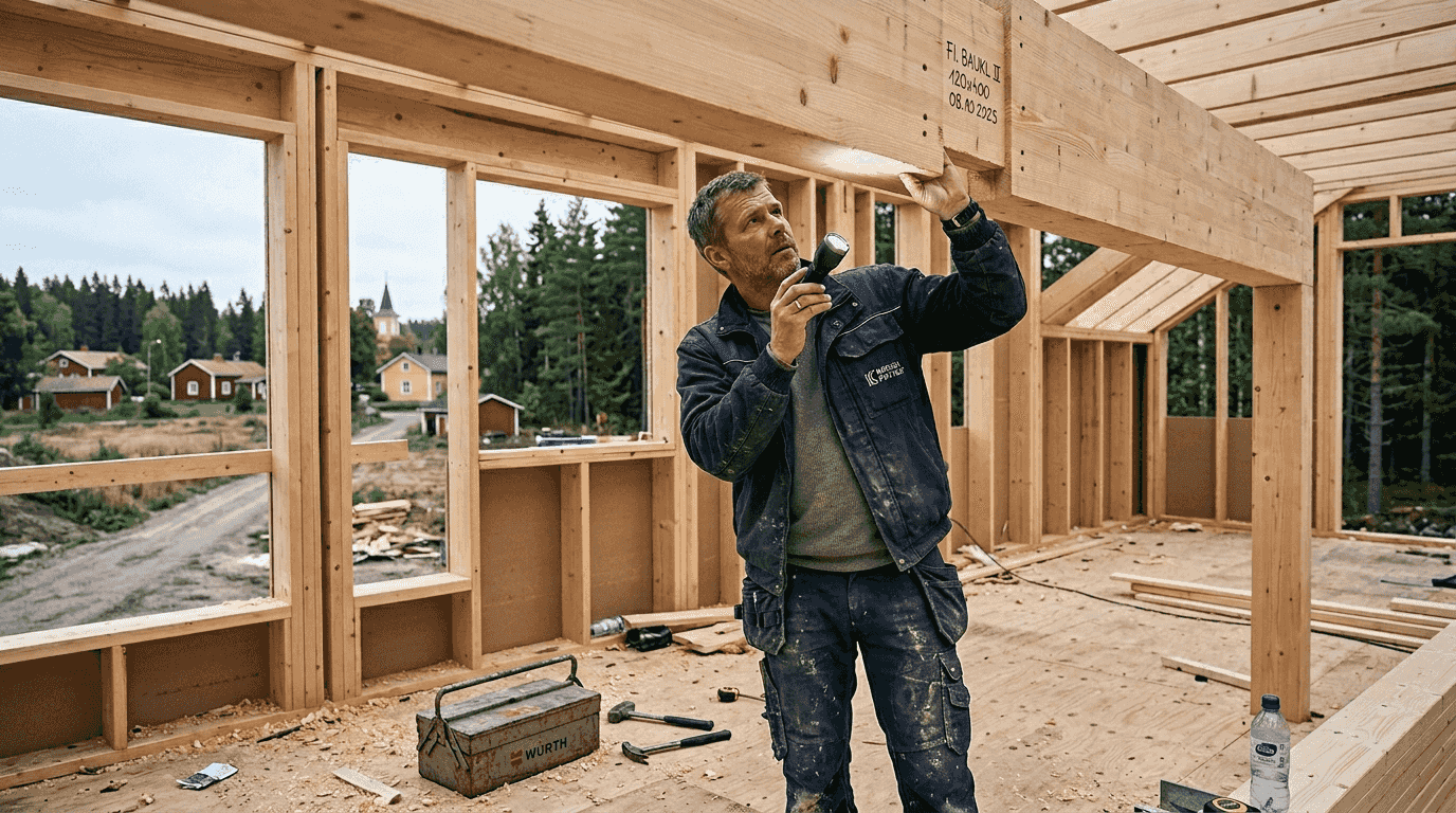 Der Bauherr begutachtet das gelieferte Holz direkt auf der Baustelle, um sich von dessen Qualität zu überzeugen.