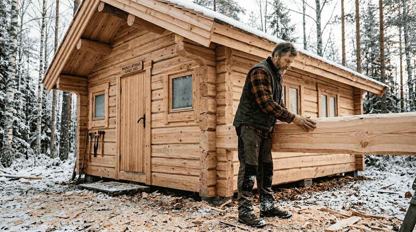 En håndverker går nøye over tømmerveggen i en spesialbygd laftehytte.