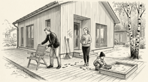 Perhe viettää aikaa modernin puutalon terassilla