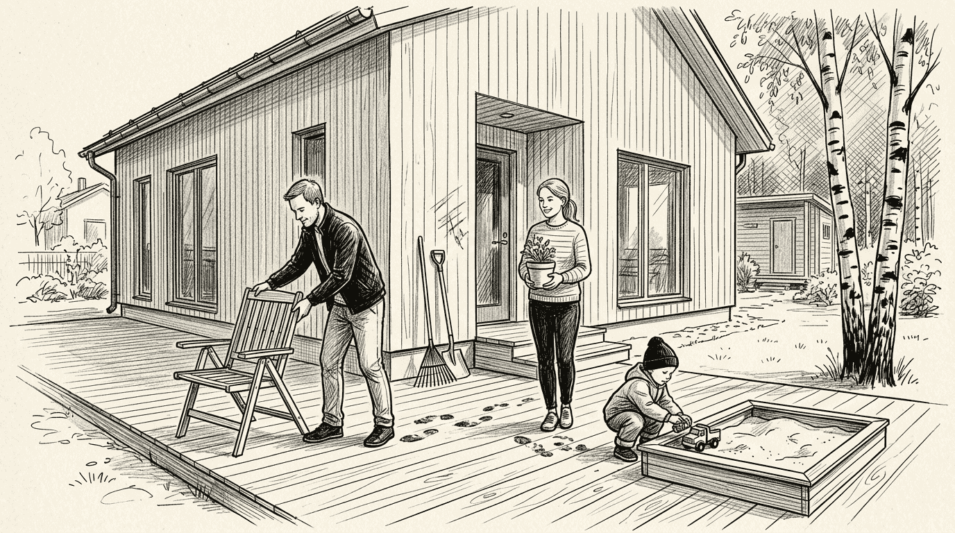 Perhe viettää aikaa modernin puutalon terassilla