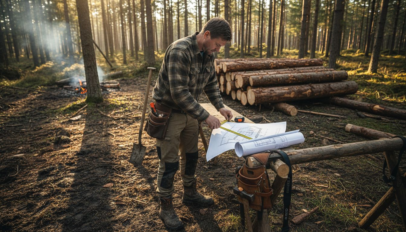 På byggarbetsplatsen för ett timmerhus mäter hantverkarna stockarna noggrant.