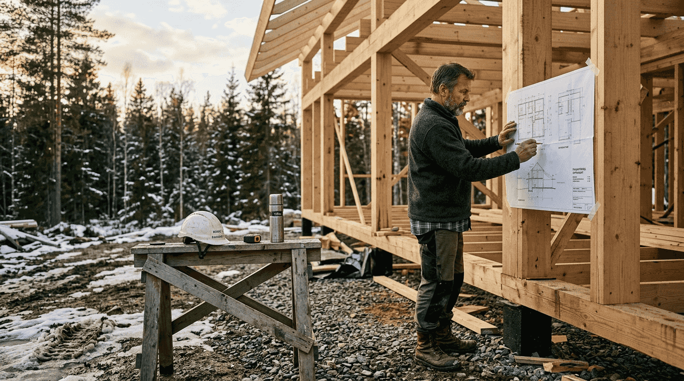Architect at wooden house site reviewing blueprints
