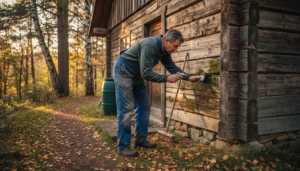 Ein Hausbesitzer inspiziert sein Blockhaus, um es auf mögliche Schäden am Holz zu überprüfen.