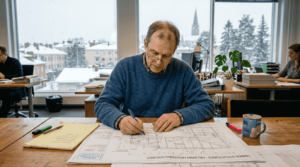Finnish inspector reviewing timber building blueprints