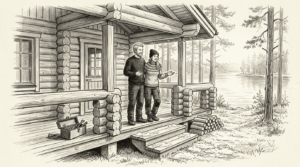 Suomalaispariskunta nautiskelee uuden hirsitalonsa kuistilla