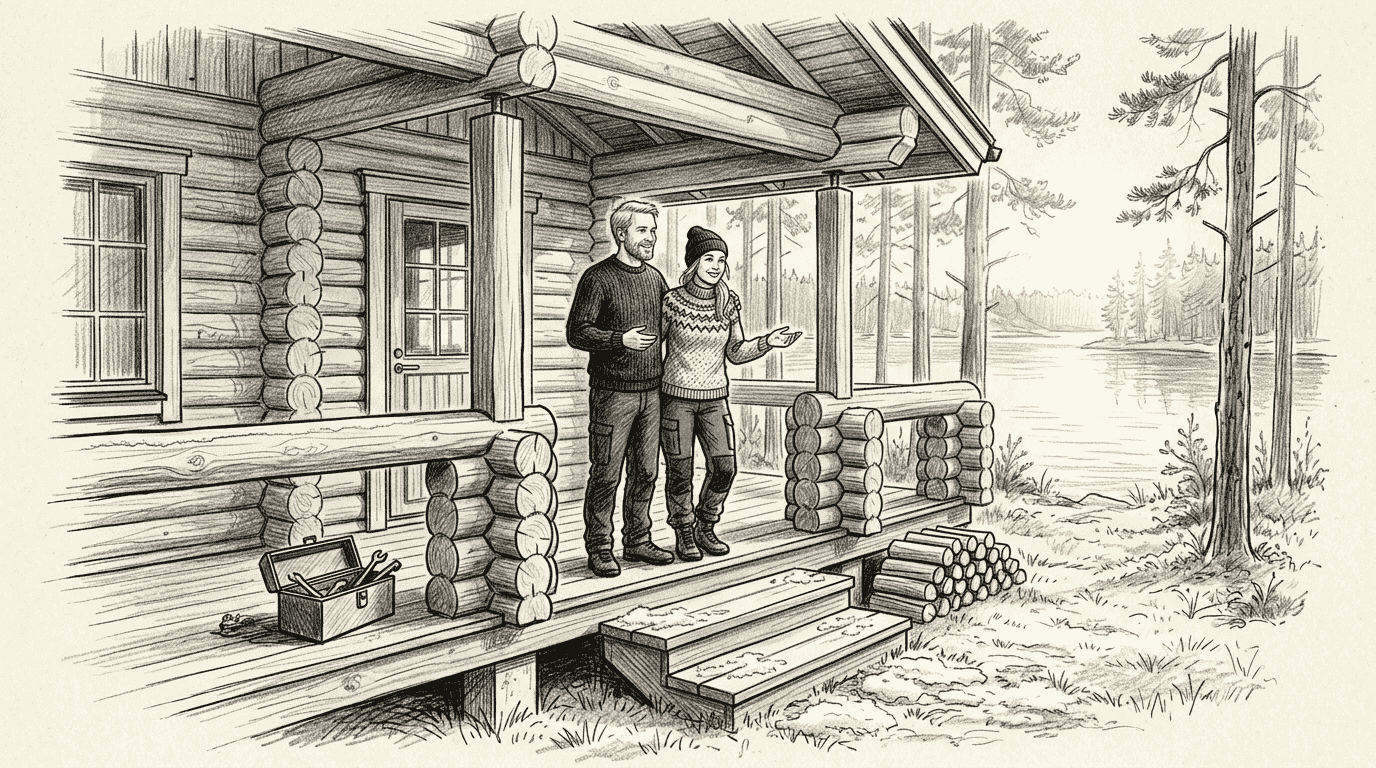 Suomalaispariskunta nautiskelee uuden hirsitalonsa kuistilla