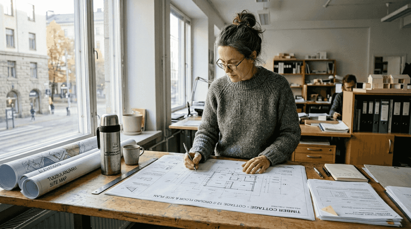 Architect reviews cottage plans in sunlit office