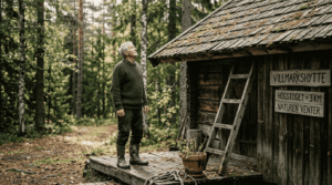 En eldre mann står ute og kikker opp på tretaket på hytta.