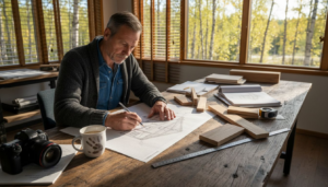 En arkitekt sitter vid ett soligt bord och skissar på ett timmerhus.
