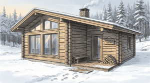 Nykyaikainen hirsitalo kylpee talvisessa auringonpaisteessa