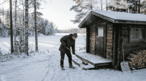 Man tending traditional Finnish lakeside sauna
