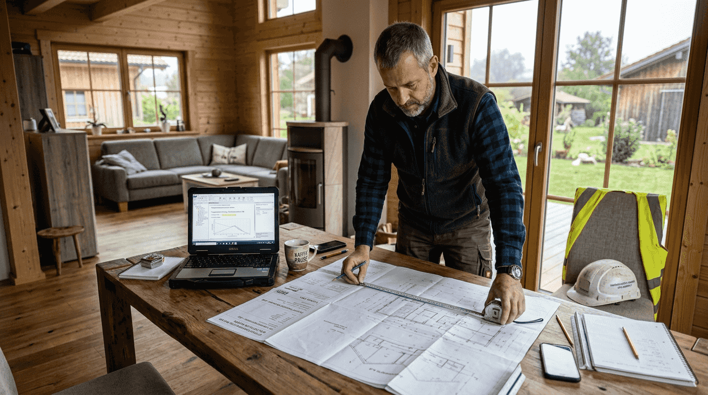 Ein Ingenieur begutachtet die Baupläne für ein Holzhaus direkt im Wohnzimmer.