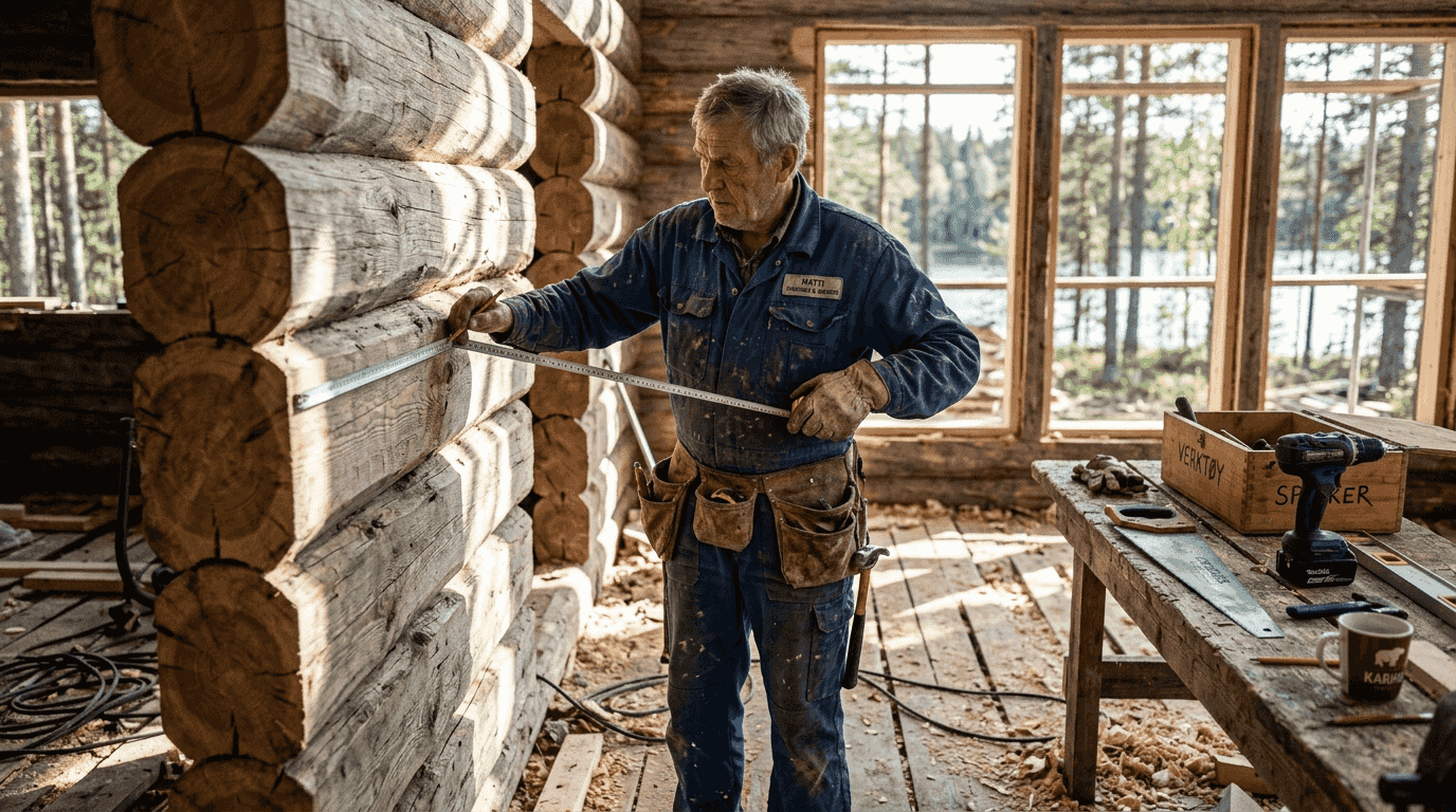 En finsk håndverker står og måler opp tømmerveggen inne i huset.